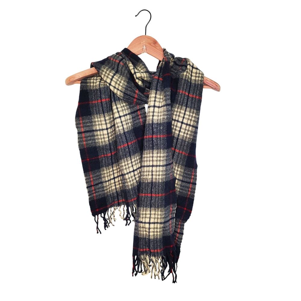 Vintage Gap Scarf Pure Wool Plaid Italian Cozy Fringe Y2K 90s Navy Blue Red